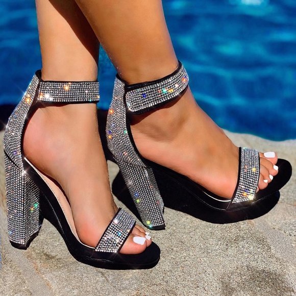 Shoes - NEW🔥 Rhinestone Open Toe Ankle Strap Heel Sandal